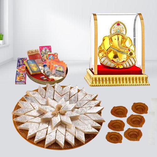 Delicious Kaju Katli with Ganesh Idol n Diwali Pooja Samagri Free Diya