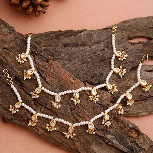 Graceful White Bead and Kundan Charm Anklets