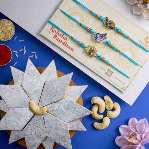 Amazing Peacock Rakhi Set N Kaju Katli Delight